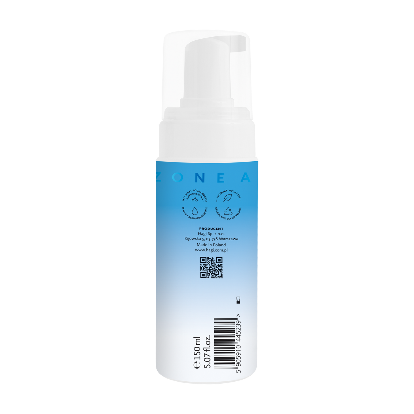 Hagi Aqua Zone Łagodna Pianka do Mycia Twarzy 150ml - butelka z pompką, bok producent i kod kreskowy