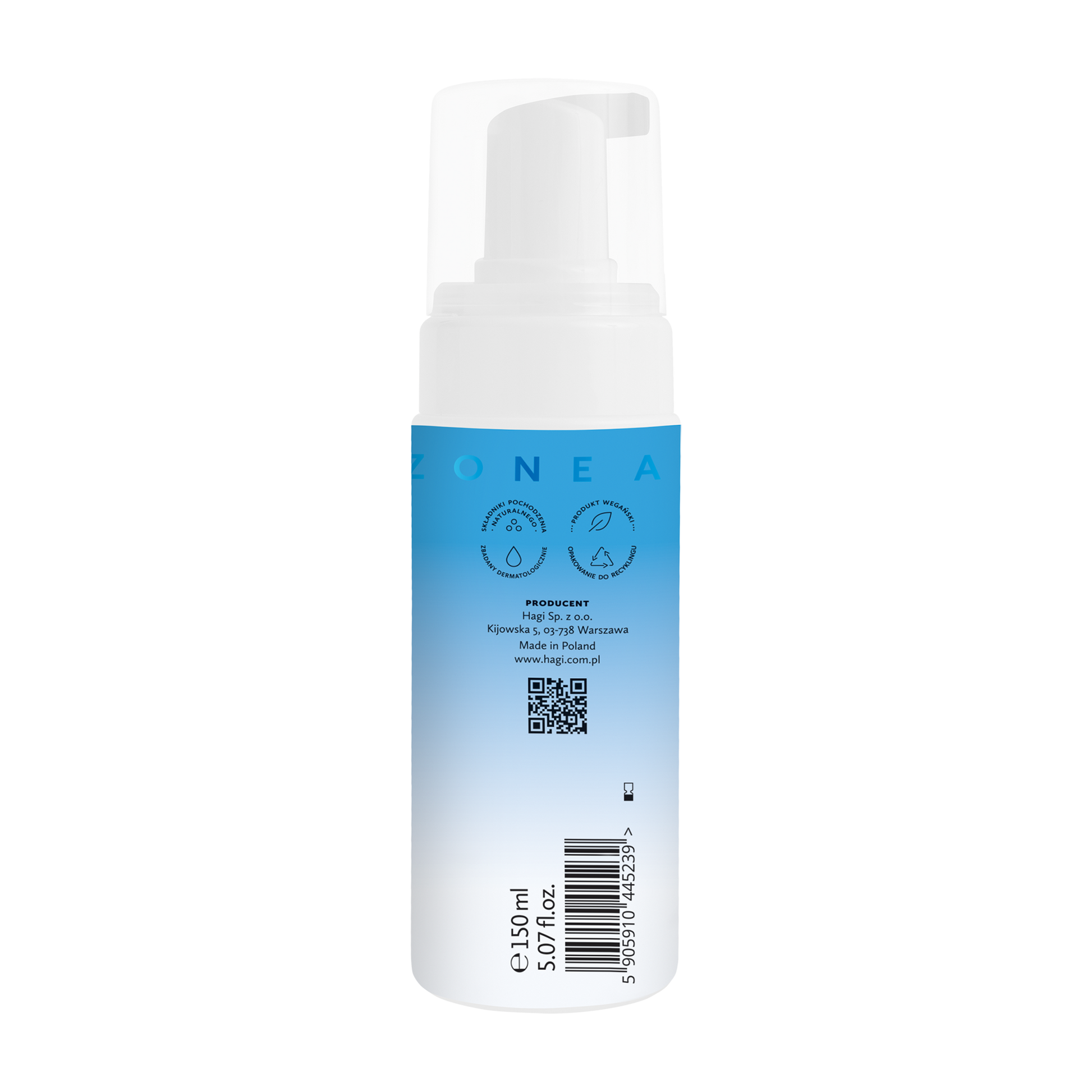 Hagi Aqua Zone Łagodna Pianka do Mycia Twarzy 150ml - butelka z pompką, bok producent i kod kreskowy