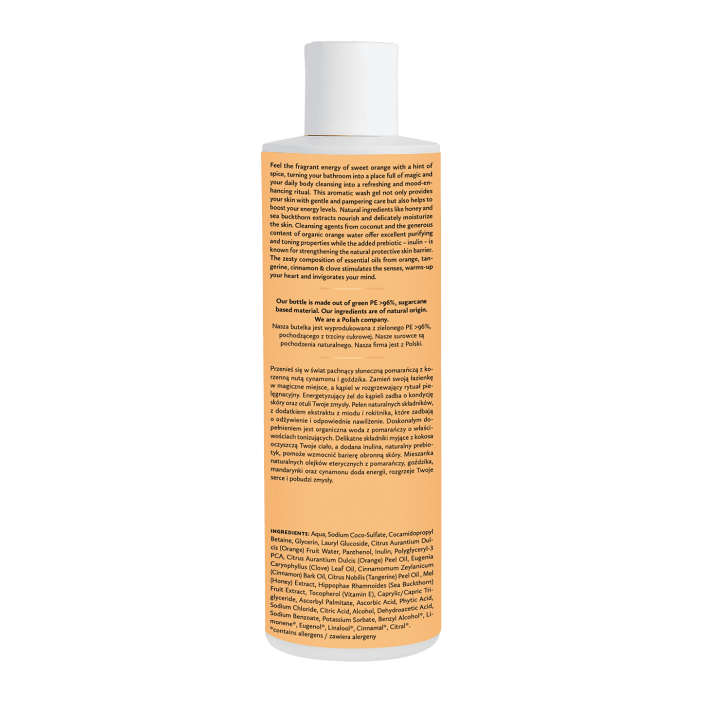 Hagi Naturalny Żel do Mycia Ciała Korzenna Pomarańcza 300ml - butelka z pompką, tył opis składników