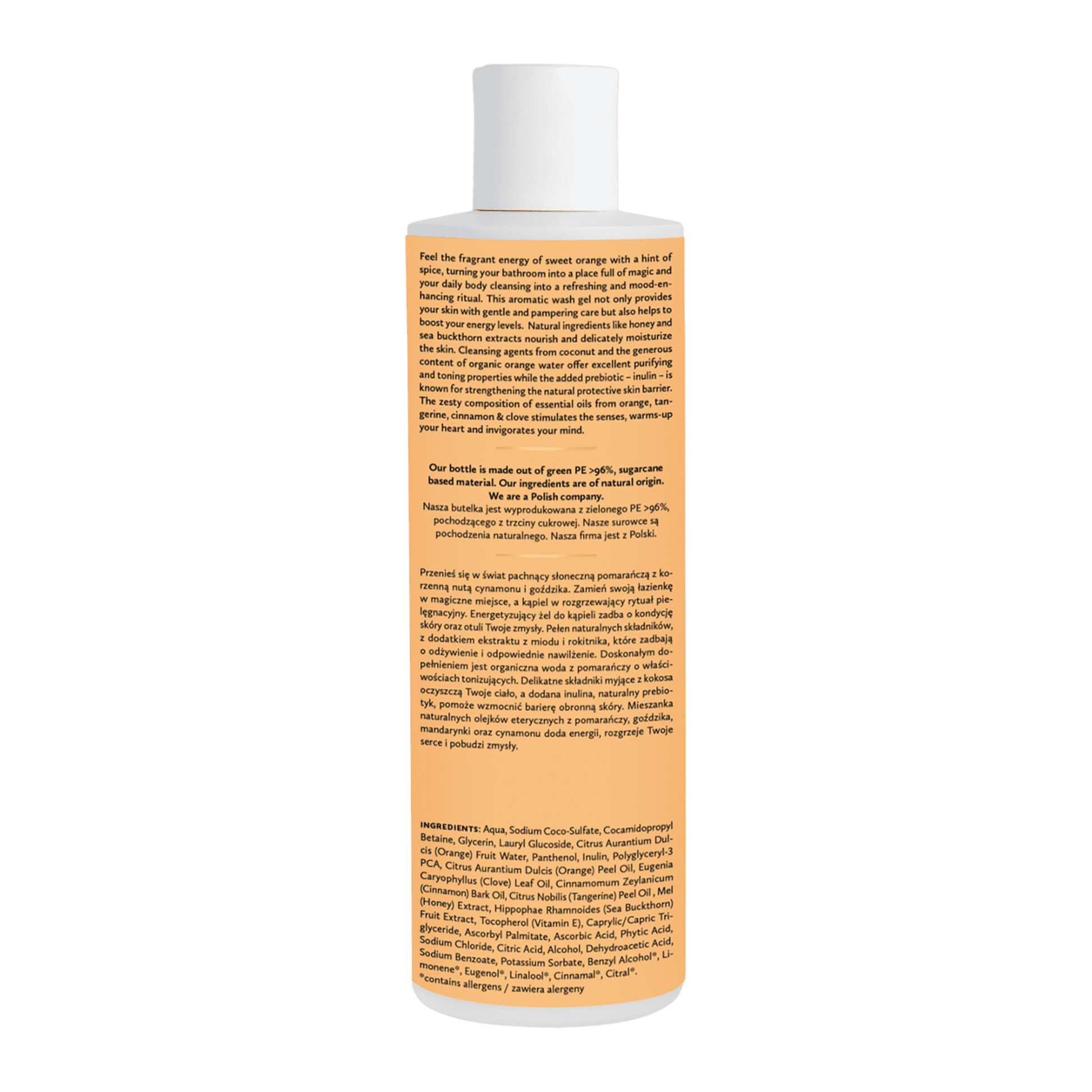 Hagi Naturalny Żel do Mycia Ciała Korzenna Pomarańcza 300ml - butelka z pompką, tył opis składników